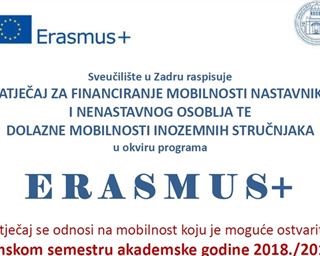 Erasmus+ - Natječaj za financiranje mobilnosti osoblja u zimskom semestru akademske godine 2018./2019.